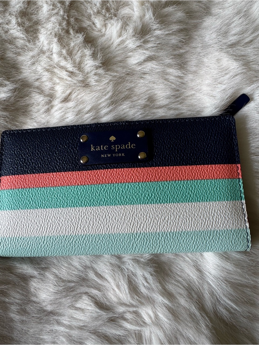 kate spade Navy Wallet with Coral and Mint Stripes